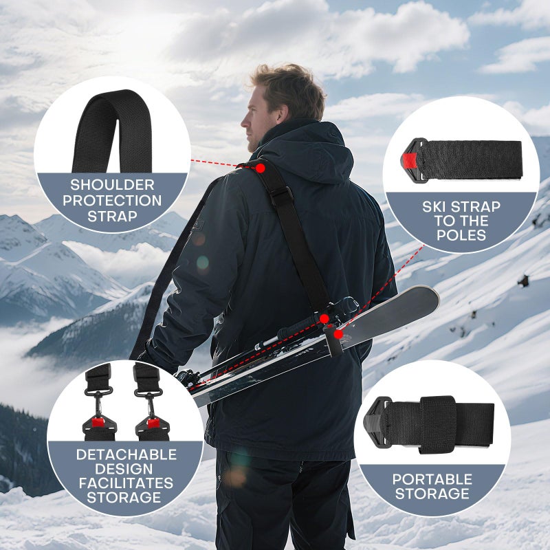YEESOOM Ski Strap and Pole Carrier 2 Pack, Ski Carrier Straps, Poles and Boot Skis Straps, Avoid The Struggle and Effortlessly Transport Your Ski Gear, Features Shoulder Sling, Black - Image 3