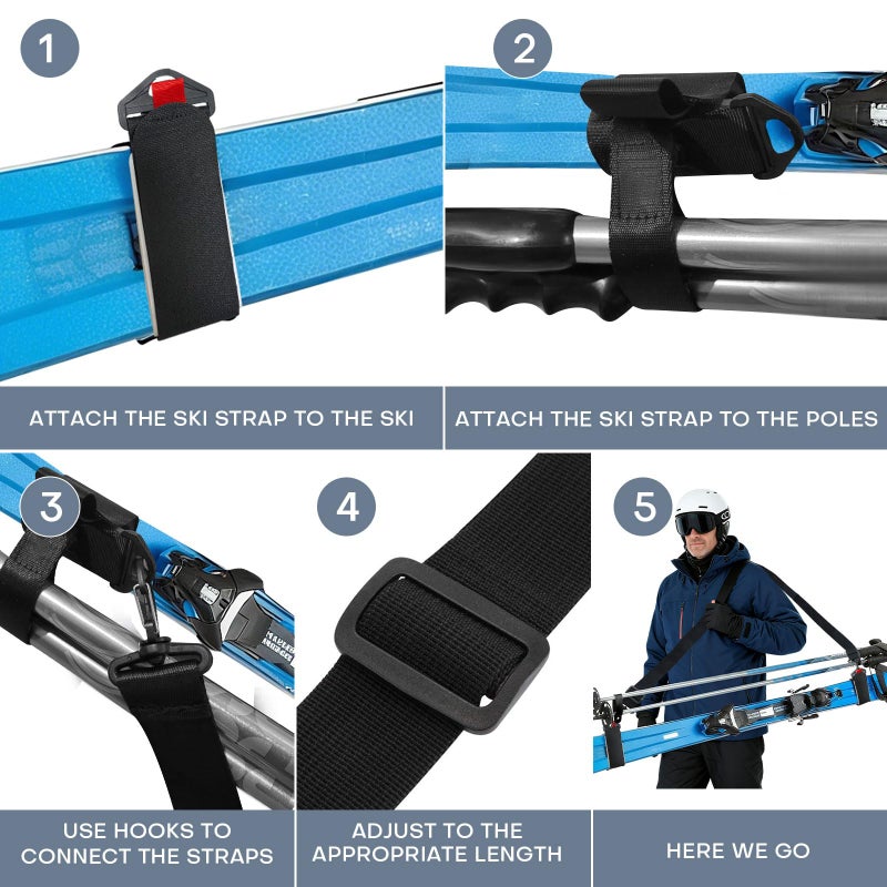 YEESOOM Ski Strap and Pole Carrier 2 Pack, Ski Carrier Straps, Poles and Boot Skis Straps, Avoid The Struggle and Effortlessly Transport Your Ski Gear, Features Shoulder Sling, Black - Image 4