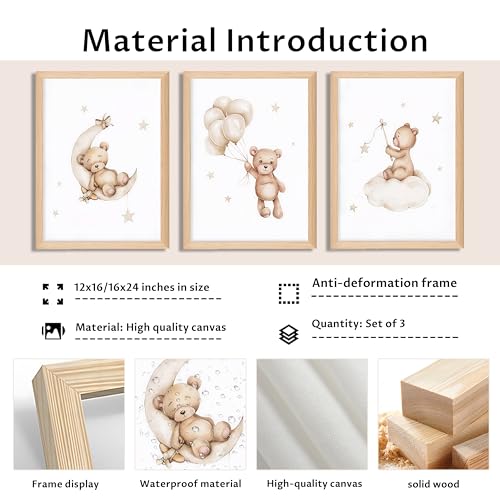BGFCE Framed Teddy Bear Wall Art Nursery Decor Set of 3, Bear Sleeping on The Moon and Stars Pictures Canvas, Neutral Bears Poster Prints Wall Decor for Kids Baby Room Girls Children Room – 12x16 inch - Image 5