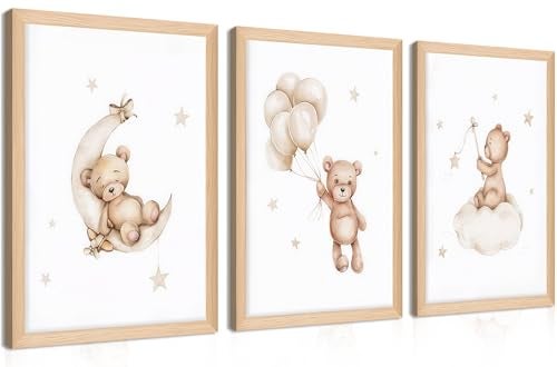BGFCE Framed Teddy Bear Wall Art Nursery Decor Set of 3, Bear Sleeping on The Moon and Stars Pictures Canvas, Neutral Bears Poster Prints Wall Decor for Kids Baby Room Girls Children Room – 12x16 inch - Image 1