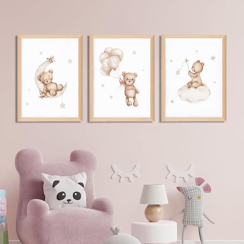 BGFCE Framed Teddy Bear Wall Art Nursery Decor Set of 3, Bear Sleeping on The Moon and Stars Pictures Canvas, Neutral Bears Poster Prints Wall Decor for Kids Baby Room Girls Children Room – 12x16 inch - Image 2