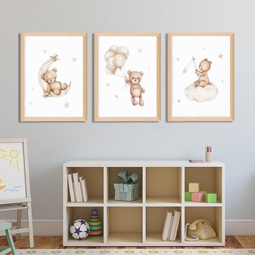 BGFCE Framed Teddy Bear Wall Art Nursery Decor Set of 3, Bear Sleeping on The Moon and Stars Pictures Canvas, Neutral Bears Poster Prints Wall Decor for Kids Baby Room Girls Children Room – 12x16 inch - Image 4