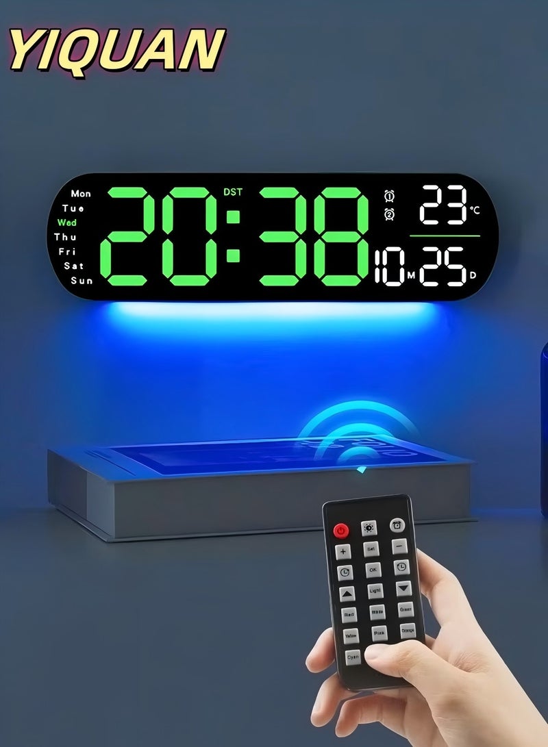 يي تشوان ساعة رقمية LED، ساعة حائط رقمية مع جهاز تحكم عن بعد، أضواء جو RGB مع 8 ألوان إضاءة ليلية قابلة للتعديل، منبهات مزدوجة، درجة حرارة الغرفة - Image 1