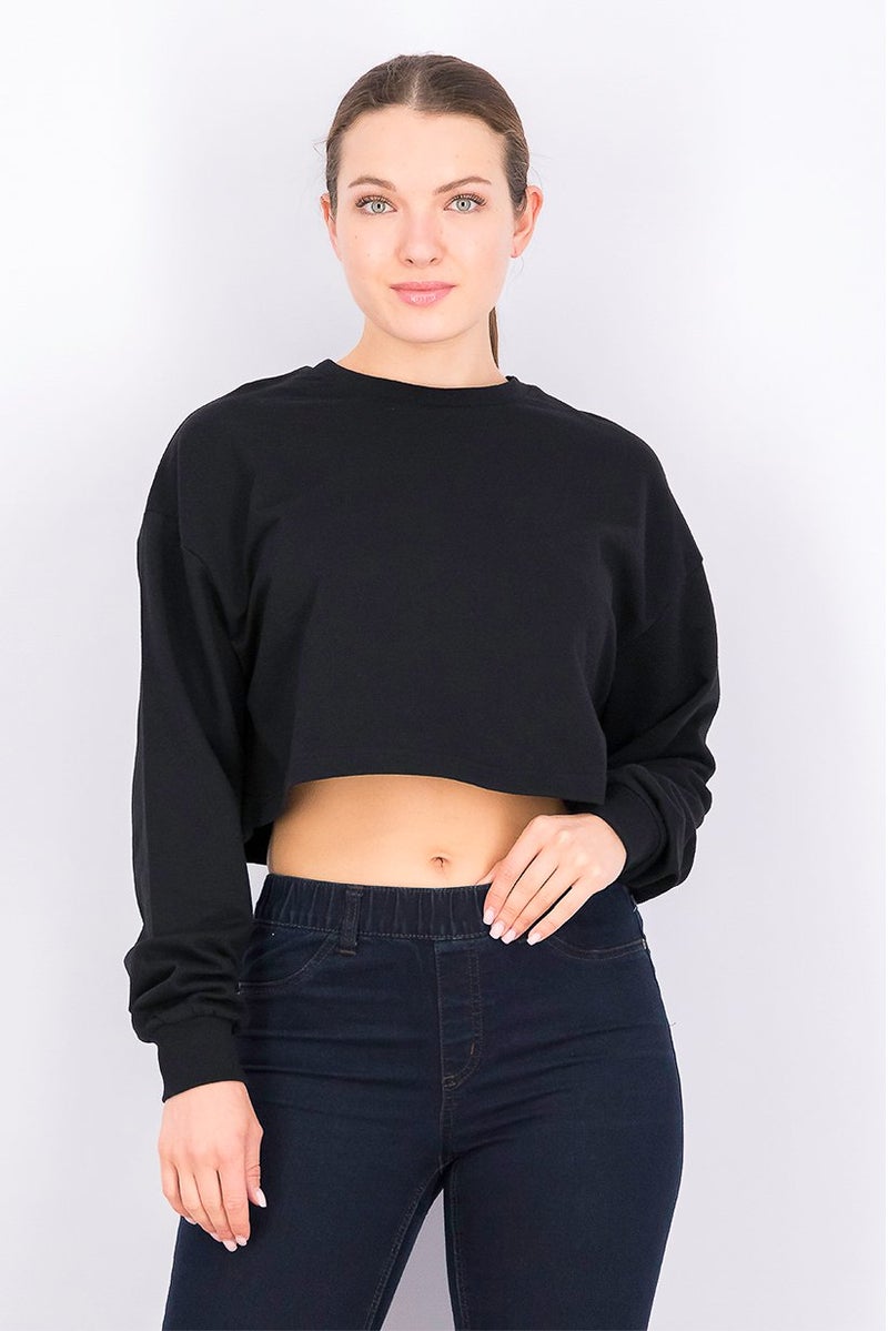 XOXO بلوزة رياضية نسائية بأكمام طويلة بسيطة، سوداء - Image 1