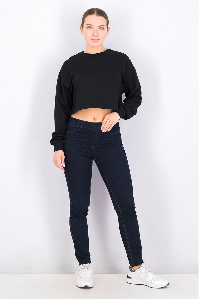 XOXO بلوزة رياضية نسائية بأكمام طويلة بسيطة، سوداء - Image 3