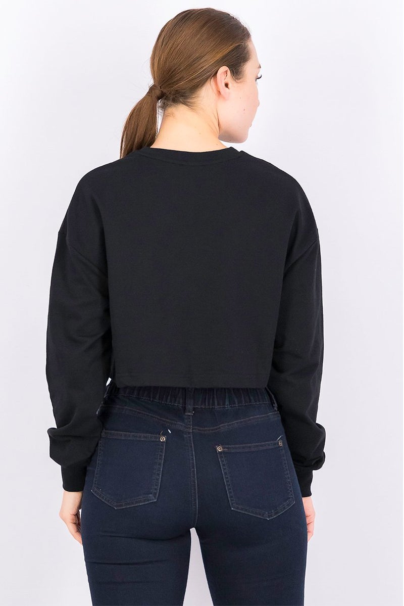 XOXO بلوزة رياضية نسائية بأكمام طويلة بسيطة، سوداء - Image 4