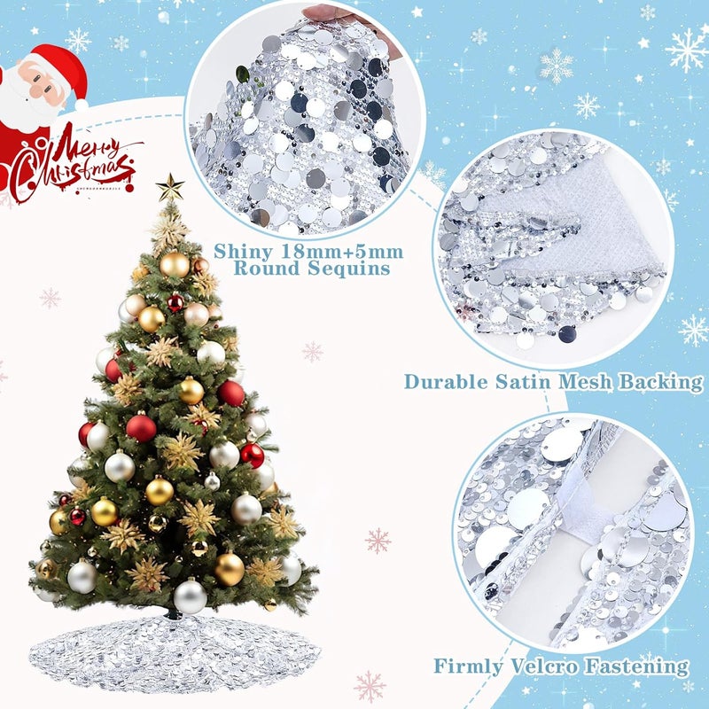 SoarDream Silver Tree Skirt 24 Inches Mini Christmas Tree Skirt Sparkly Sequin Xmas Tree Skirts Glitter Christmas Decorations Xmas Ornaments - Image 2