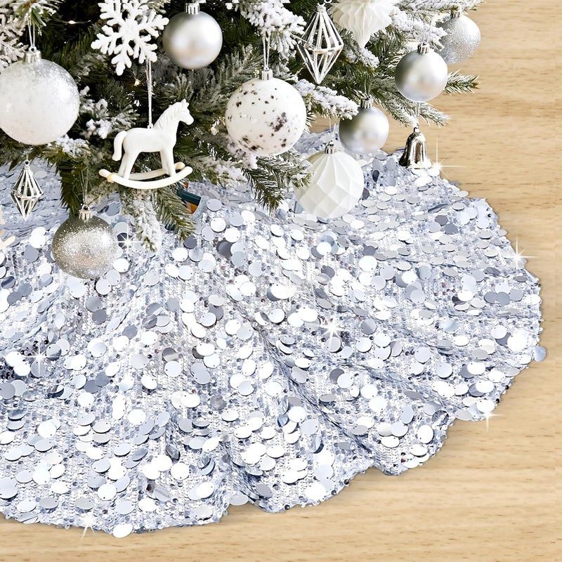 SoarDream Silver Tree Skirt 24 Inches Mini Christmas Tree Skirt Sparkly Sequin Xmas Tree Skirts Glitter Christmas Decorations Xmas Ornaments - Image 1