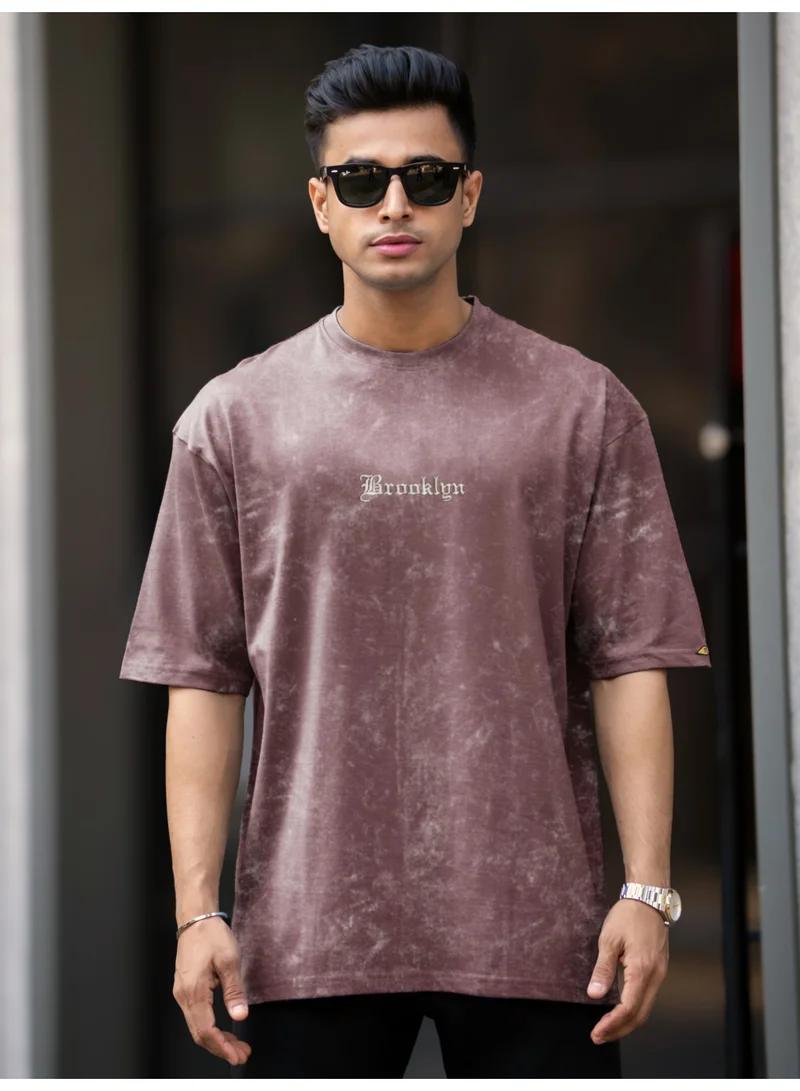 Maniac Maniac Mens Acid Wash Printed Brooklyn Round Neck 3/4th Sleeve Dusty Pink Cotton T-Shirt