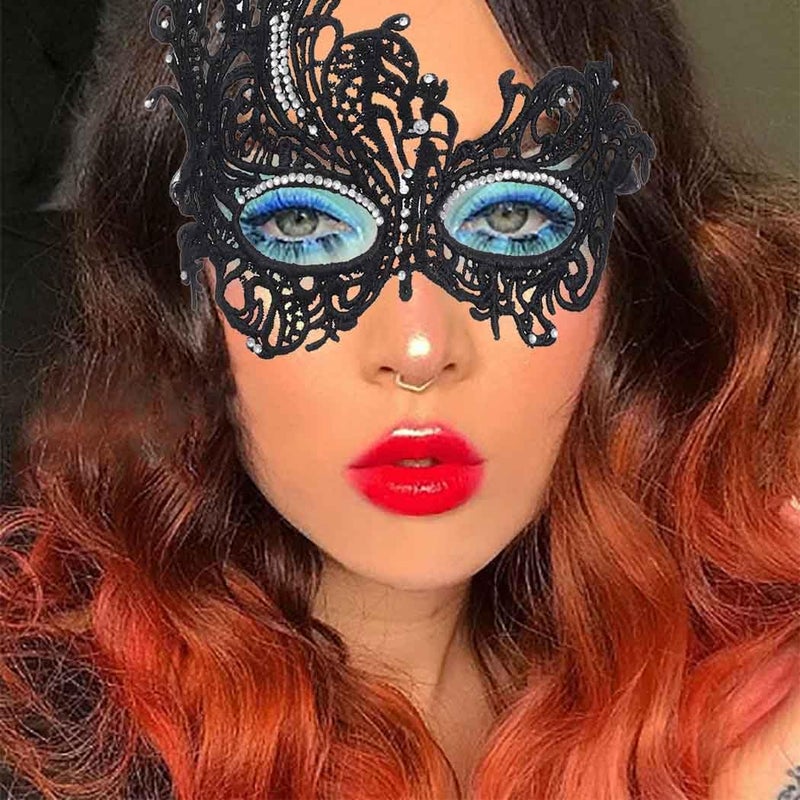 Obmyec Halloween Lace Mask Masquerade Mask Elastic Mardi Gras eyemask Costume Party for Women (Black-rhinestone) - Image 3