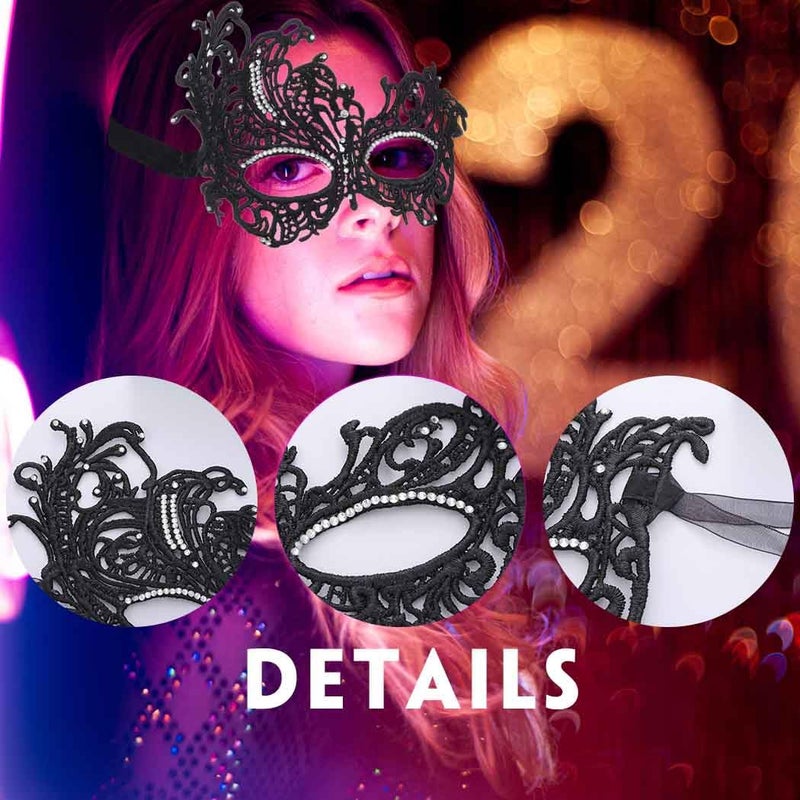 Obmyec Halloween Lace Mask Masquerade Mask Elastic Mardi Gras eyemask Costume Party for Women (Black-rhinestone) - Image 4