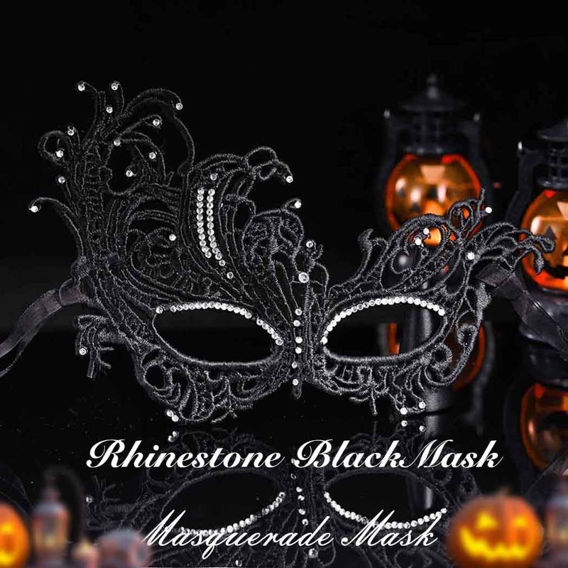 Obmyec Halloween Lace Mask Masquerade Mask Elastic Mardi Gras eyemask Costume Party for Women (Black-rhinestone) - Image 2