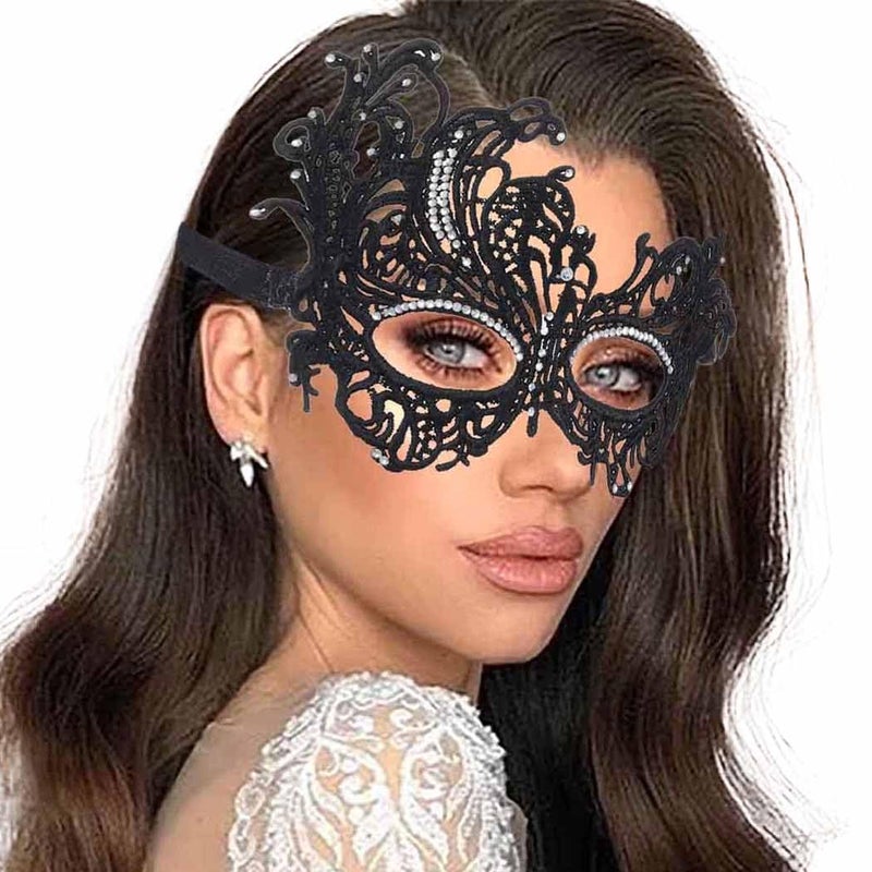 Obmyec Halloween Lace Mask Masquerade Mask Elastic Mardi Gras eyemask Costume Party for Women (Black-rhinestone) - Image 1
