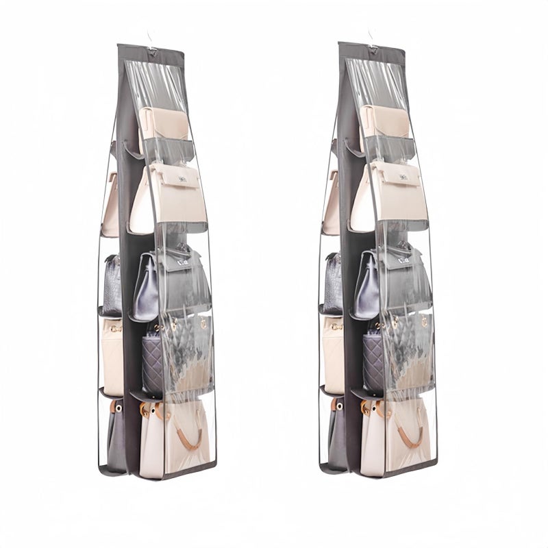 HAN SHENG 10 Pockets Clear Handbag & Purse Organizer Hanging Bag Storage - Space Saving Hanging Shelf for Closet, Wardrobe, Over Door (2 Pack, Grey) - Image 1
