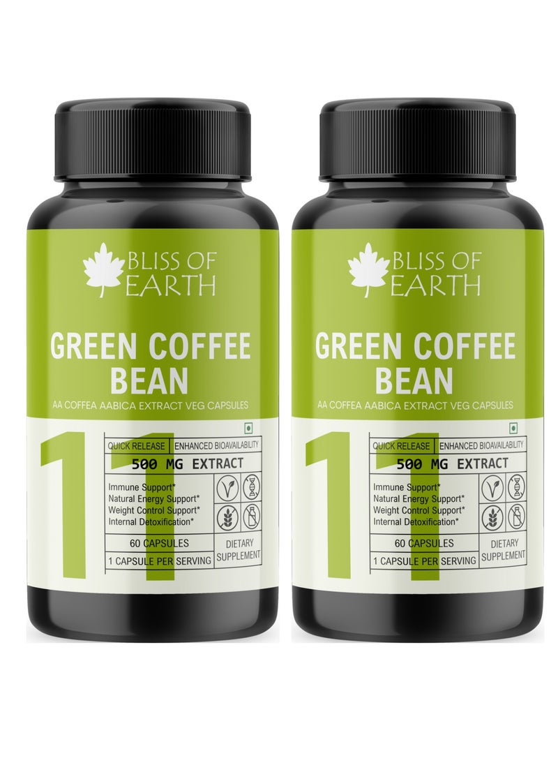 BLISS OF EARTH Bliss of Earth Pure Green Coffee Bean Extract Supplement, 60 Veg Capsules, Super Energizing 500mg High Potency Coffea Arabica Pack of 2  - Image 1
