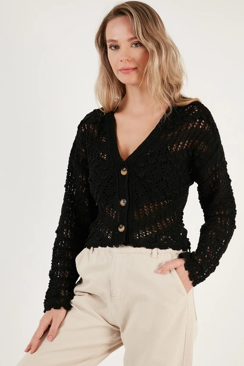 Lela V-Neck Buttoned Openwork Knitted Cardigan Women's Cardigan 6071515