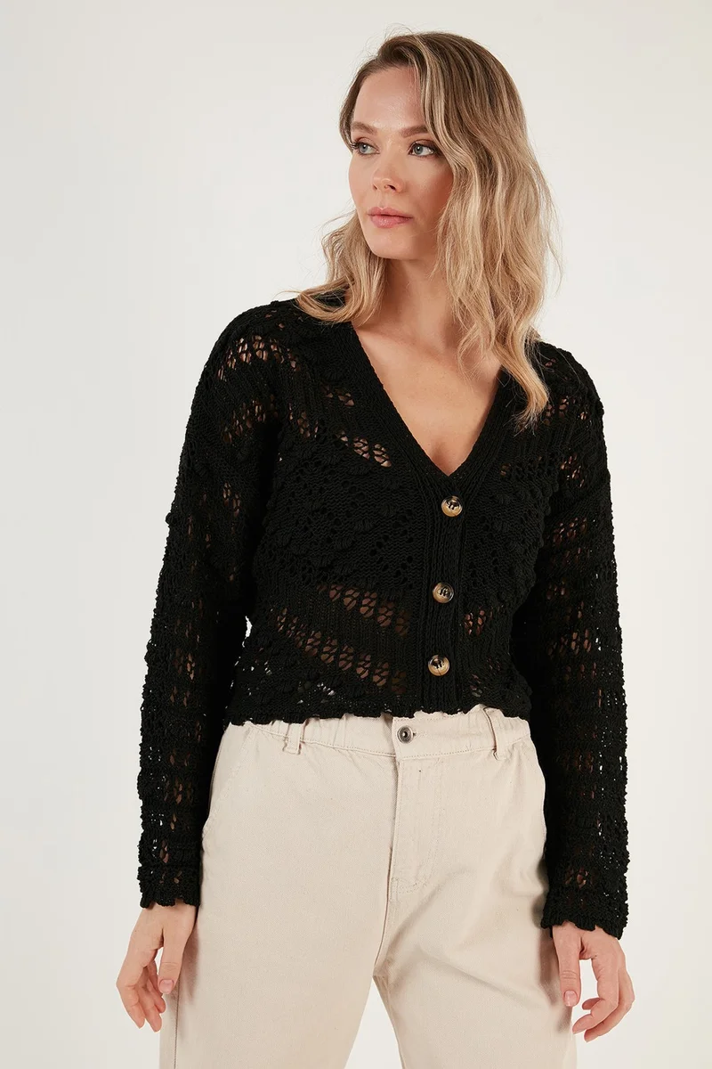Lela V-Neck Buttoned Openwork Knitted Cardigan Women's Cardigan 6071515