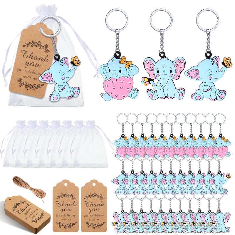 120 Pcs Elephant Pink Baby Shower Party Favors Cute Elephant Keychain with Organza Bags Thank You Kraft Tags and Rope for Guests Girls Boys Birthday Party Supplies Decorations