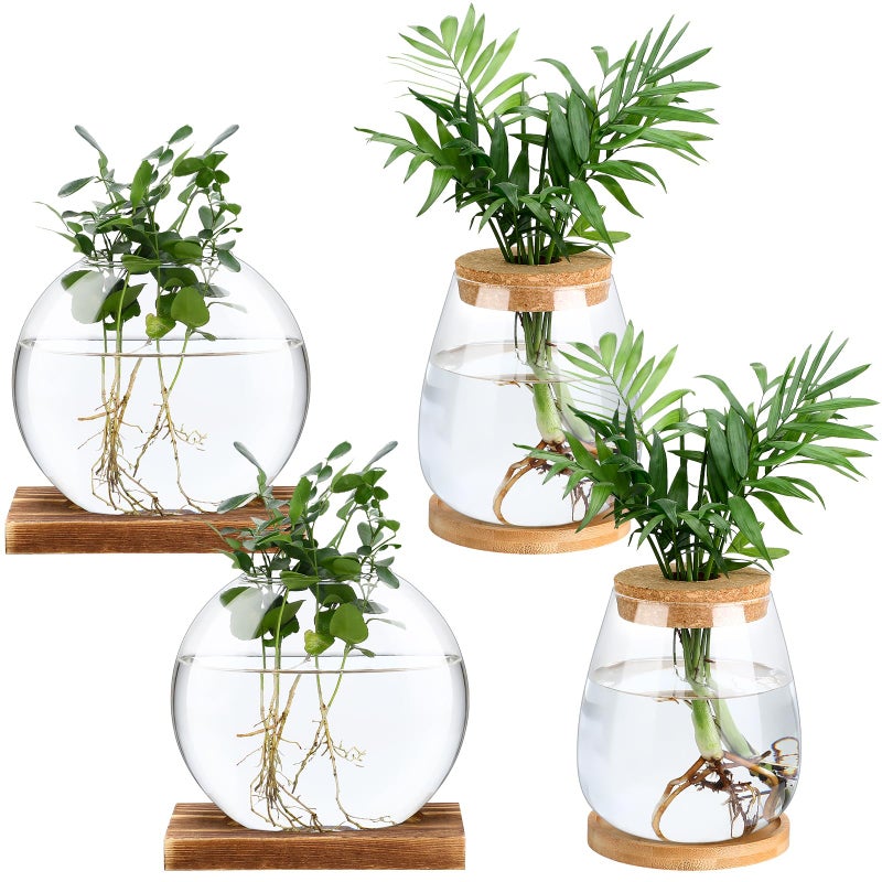 Layhit 4 Pcs Plants Propagation Stations Separated Desktop Plant Terrarium Glass Planter Vase With Wooden Lid And Bamboo Stand For Growing Hydroponic Home Office Tabletop Decoration (Cute Style) - Image 1
