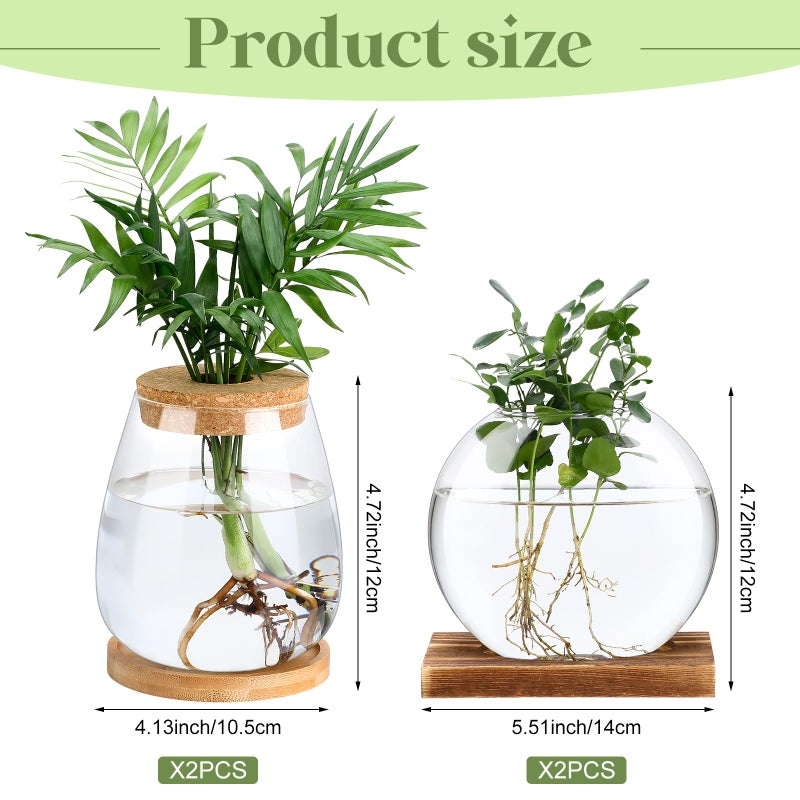 Layhit 4 Pcs Plants Propagation Stations Separated Desktop Plant Terrarium Glass Planter Vase With Wooden Lid And Bamboo Stand For Growing Hydroponic Home Office Tabletop Decoration (Cute Style) - Image 3