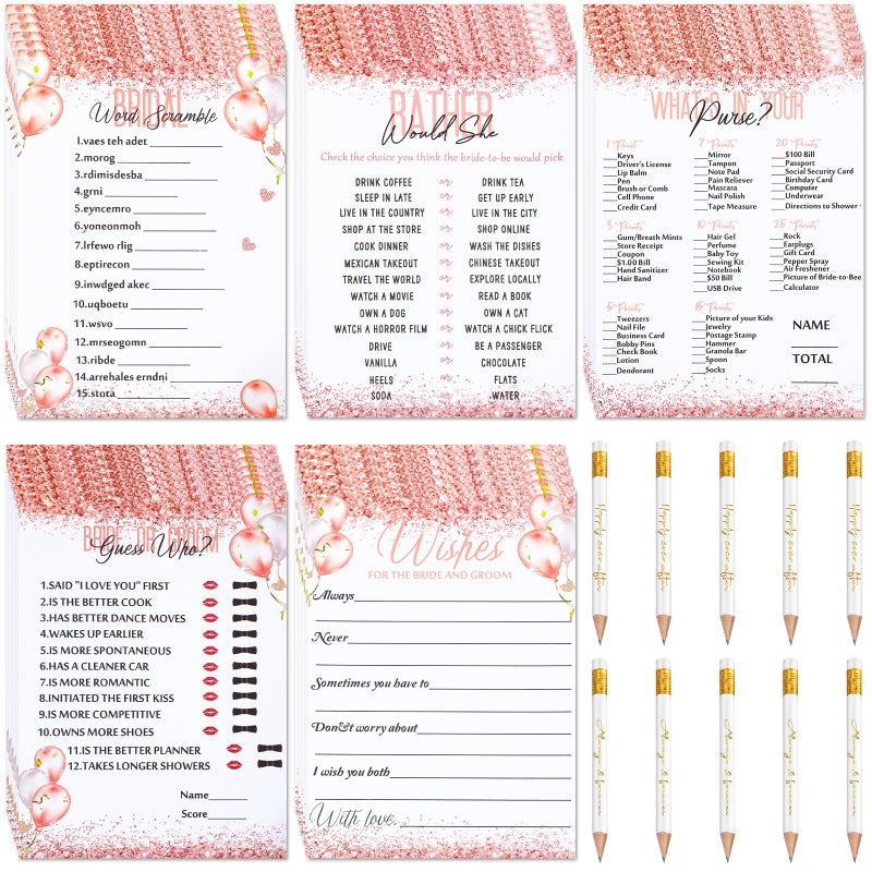Spakon 135 Pcs Bridal Shower Game Bridal Shower Favors Set Include 125 Wedding Games Cards and 10 Pencils for Bride Groom Bachelorette Party Wedding Party FavorPink Balloon