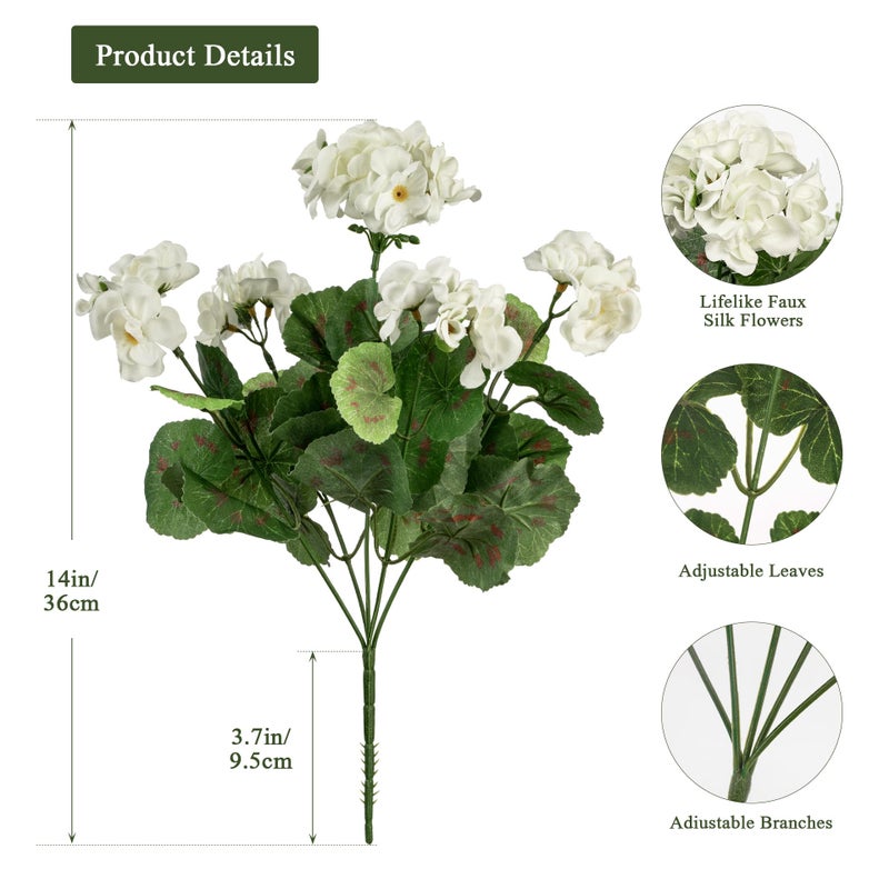 Uqueeten 4PCS Home Decor Fake Plants Artificial Flowers Artificial Geraniums Outdoor Fake Flowers Artificial Flowers Fake Silk Bouquet  Fall Decor for Interior Porch Garden Decoration 14.4"" (White) - Image 2