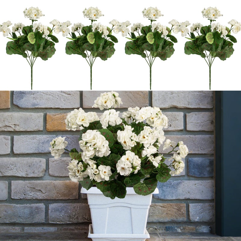 Uqueeten 4PCS Home Decor Fake Plants Artificial Flowers Artificial Geraniums Outdoor Fake Flowers Artificial Flowers Fake Silk Bouquet  Fall Decor for Interior Porch Garden Decoration 14.4"" (White) - Image 3