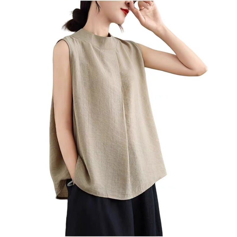 Plus Size Textured Half Turtleneck Sleeveless T-Shirt For Women 2025 Loose Slimming Look Style Outer Vest For Women - Image 5
