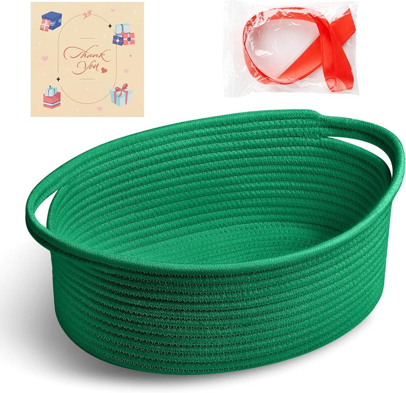 Bufims Small Woven Green Gifts Basket for Storage Empty with Ribbons and Bags Durable Cute Gifts 12"X 8" X 5" Small Rope Basket for Gifting - Image 1