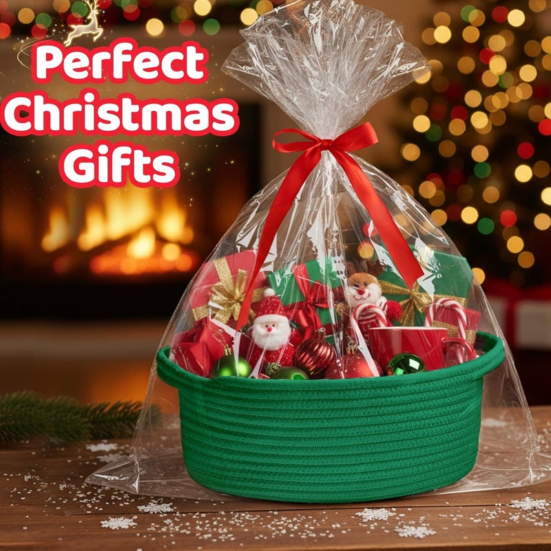 Bufims Small Woven Green Gifts Basket for Storage Empty with Ribbons and Bags Durable Cute Gifts 12"X 8" X 5" Small Rope Basket for Gifting - Image 2