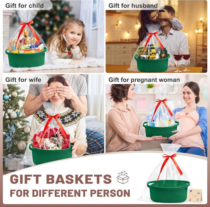Bufims Small Woven Green Gifts Basket for Storage Empty with Ribbons and Bags Durable Cute Gifts 12"X 8" X 5" Small Rope Basket for Gifting - Image 3