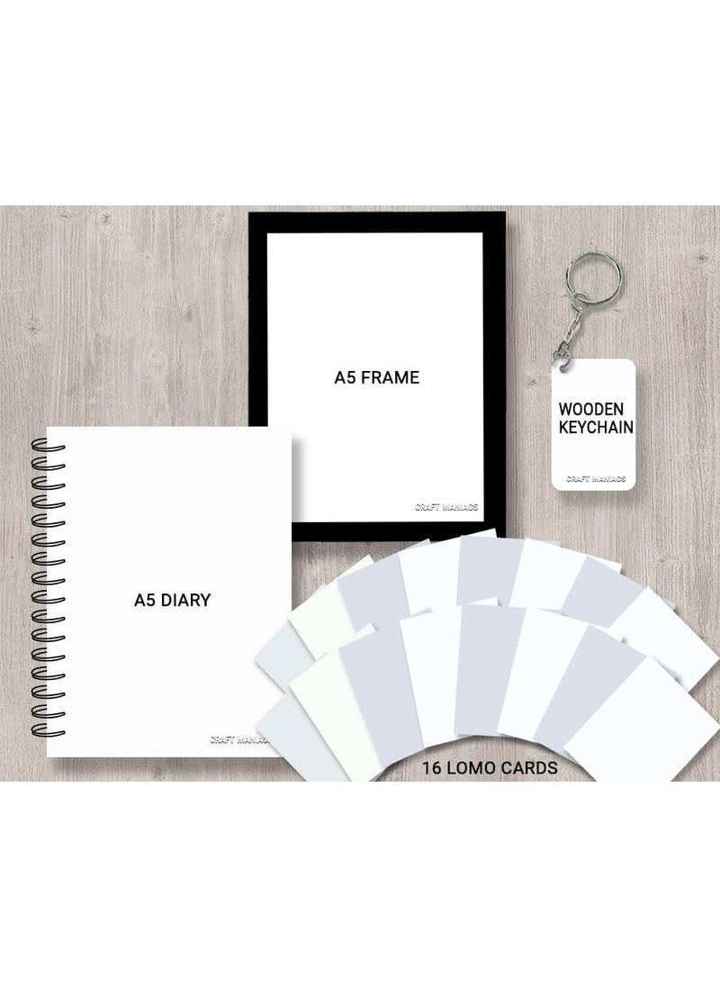 CRAFT MANIACS - Craft Maniacs Blackpink Lisa White Ribbon Bow Frame Gifting Combo One A5 Frame One A5 Ruled Diary Set of 16 Lomo Cards Free Matching Wooden Keychain Best Gift for Pop Singer lovers - Image 1