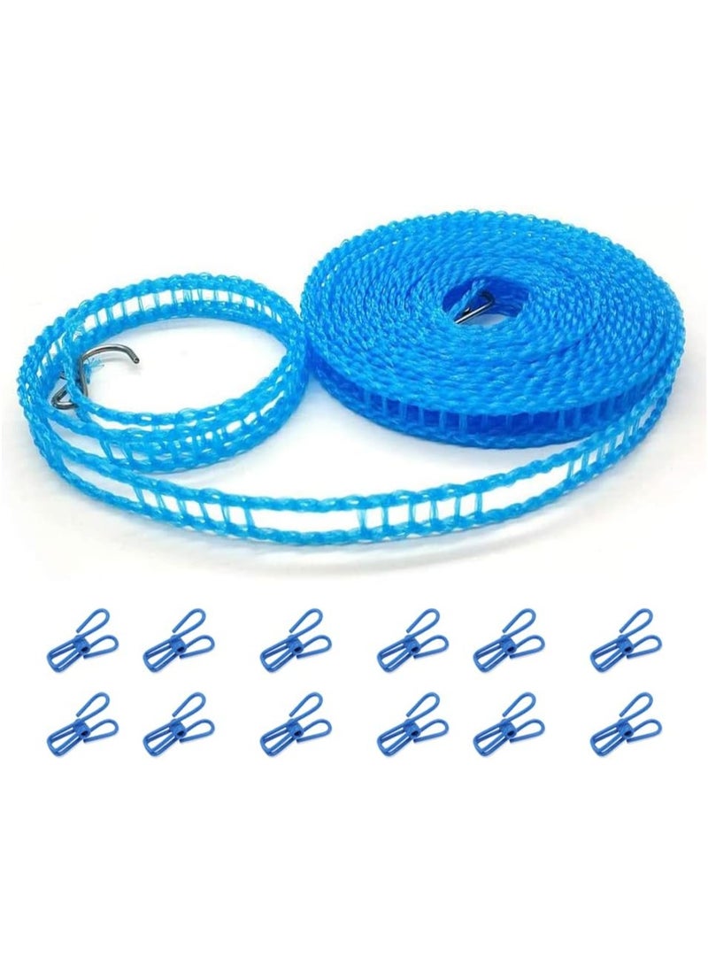 Lacoz Portable Windproof Clothesline with 12 Clips 5m Non-Slip Travel Laundry Drying Line, Adjustable Nylon Rope for Outdoor Camping Cruise Indoor Hotel and Backyard Blue - Image 1