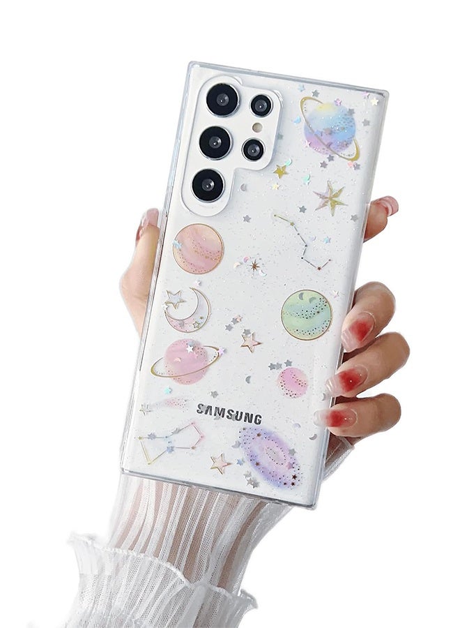 متوافق مع حافظة Samsung Galaxy S23 Ultra، حافظات شفافة بتصميم النجوم والقمر وتلميع كوكب براق من السيليكون المقاوم للصدمات للنساء والفتيات لهاتف Samsung S23 Ultra 6.8 بوصة، موضوع الفضاء - Image 1