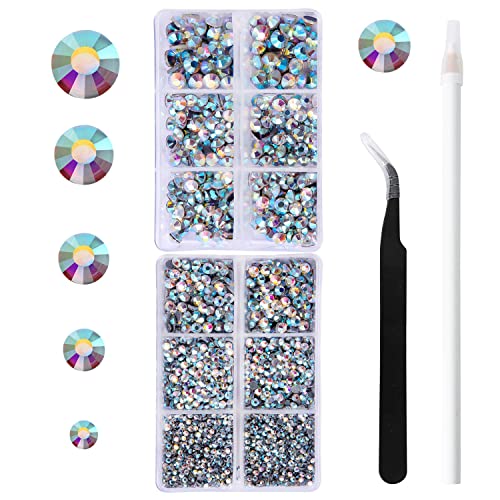 MEIBITE 6796PCS Crystal Ab Hotfix Rhinestones Crystal Stones Glass for Fabric Clothes Shirts Sparkly Flat Back Round with Tweezers and Picking Pen SS6SS30 Set