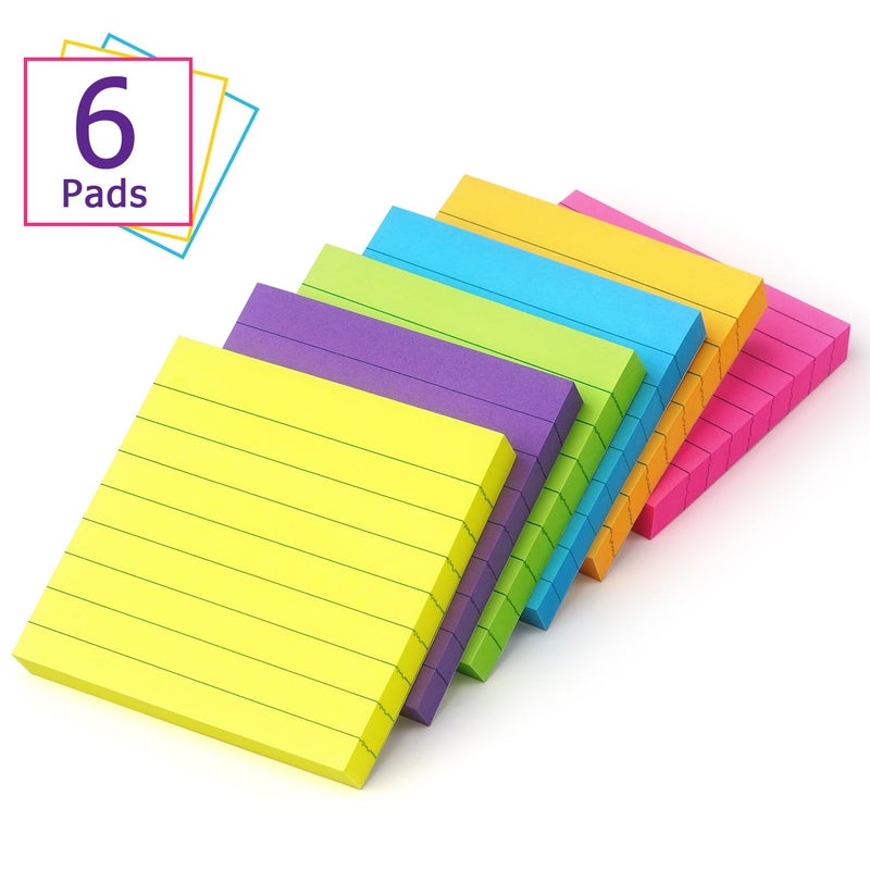 Eastern Wolf 6 Pads Lined Sticky Notes 3x3 Sticky Notes with Lines Self-Stick Note Pads 6 Bright Multi Colors,100 Sheet/Pad - Image 2
