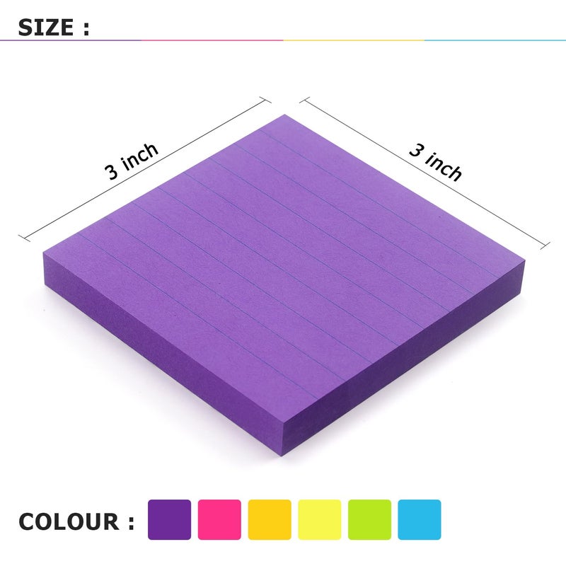 Eastern Wolf 6 Pads Lined Sticky Notes 3x3 Sticky Notes with Lines Self-Stick Note Pads 6 Bright Multi Colors,100 Sheet/Pad - Image 3