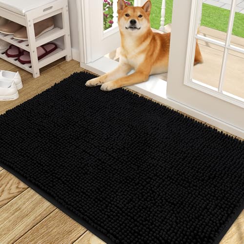 OLANLY Dog Door Mat for Muddy Paws 48x30 Absorbs Moisture and Dirt Absorbent NonSlip Washable Doormat Quick Dry Chenille Mud Mat for Dogs Entry Indoor Entryway Carpet for Inside Floor Black