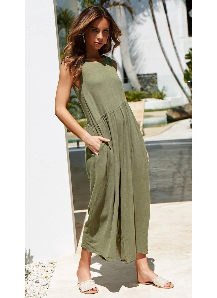 Barbora Linen Summer Daily Casual Backless Women's Jumpsuit LN212HAKI7
