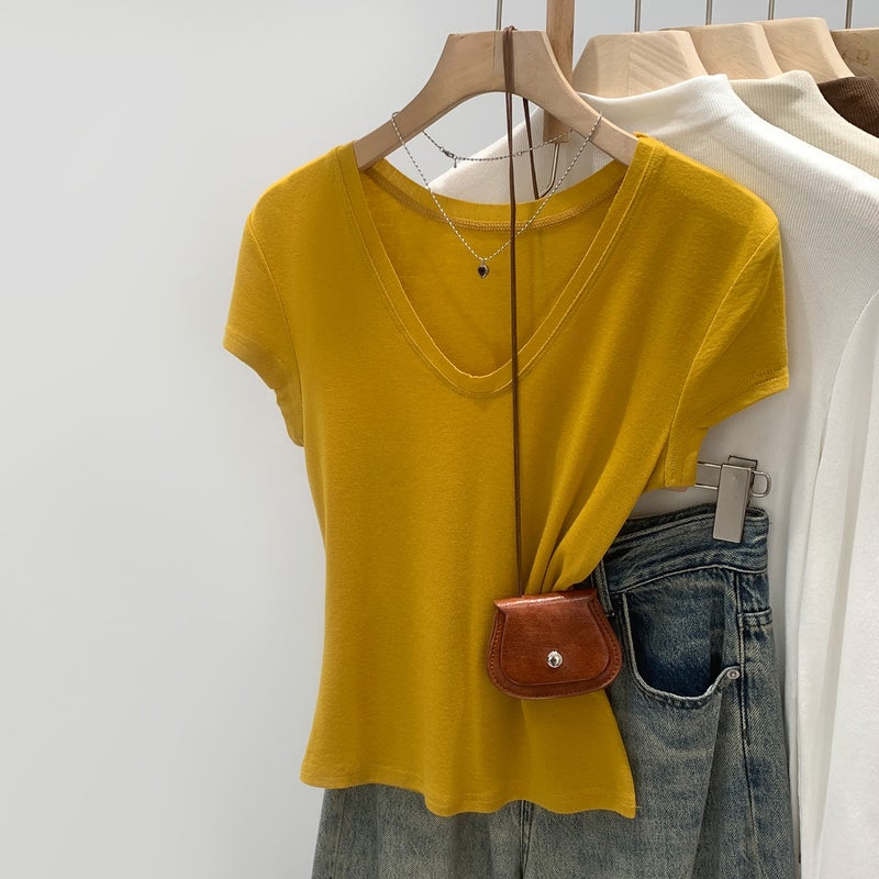 ليوسيل تينسيل الصوف فريدة من نوعها وأنيقة V-Neck قصيرة الأكمام تي شيرت للنساء ، شعبية الصيف أعلى هذا العام - Image 5
