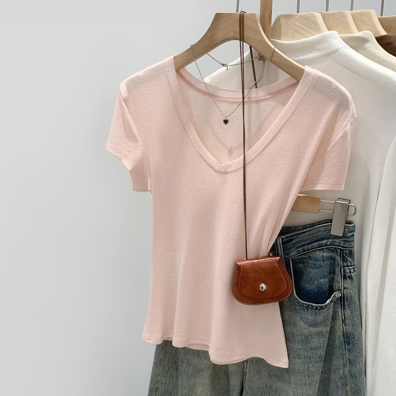ليوسيل تينسيل الصوف فريدة من نوعها وأنيقة V-Neck قصيرة الأكمام تي شيرت للنساء ، شعبية الصيف أعلى هذا العام - Image 3
