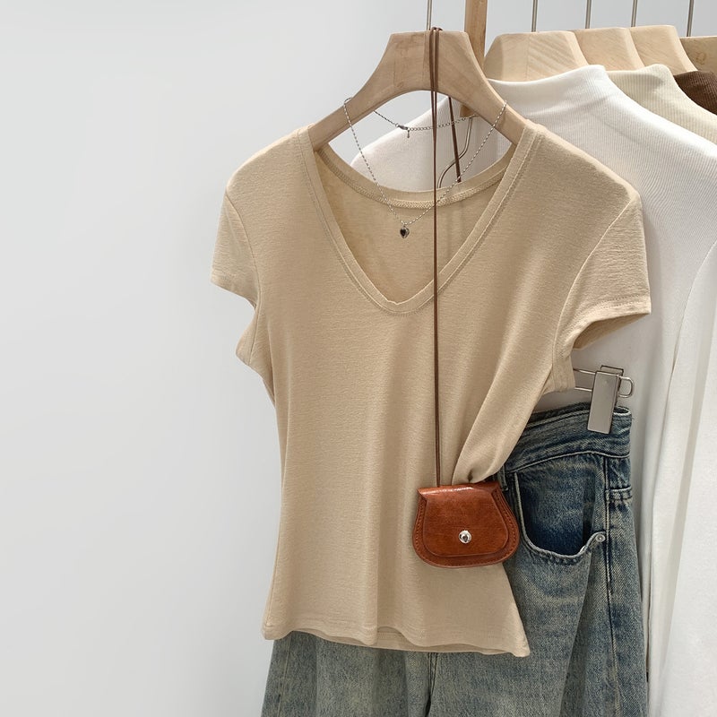 ليوسيل تينسيل الصوف فريدة من نوعها وأنيقة V-Neck قصيرة الأكمام تي شيرت للنساء ، شعبية الصيف أعلى هذا العام - Image 4