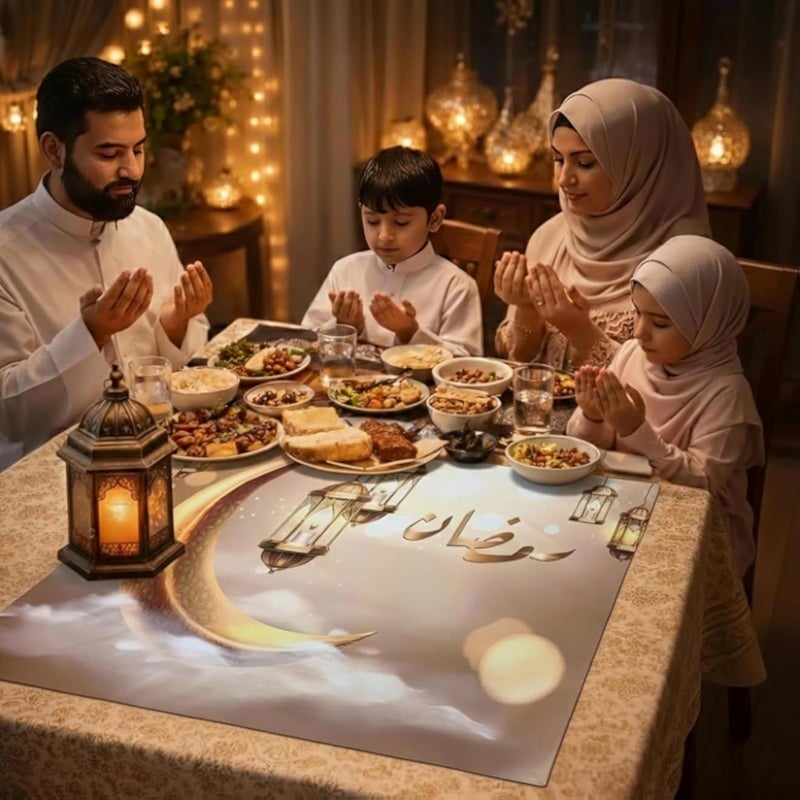 مفرش طاولة مخملي رمضان مبارك، مزين بالهلال والفوانيس، متعدد الألوان، 70×70 سم