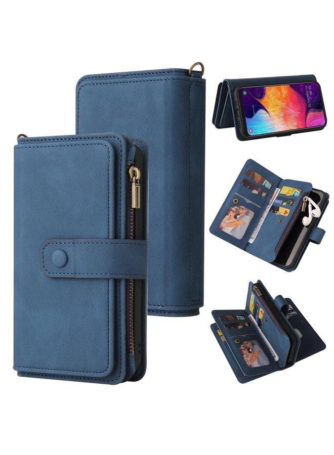 اس-توب جراب لهاتف Samsung Galaxy A50 مصنوع من الجلد PU + TPU مع حامل وفتحة لـ 15 بطاقة ومحفظة وجيب بسحاب وحبل - Image 1