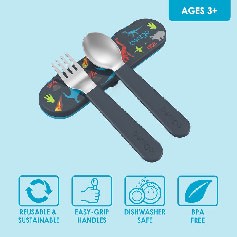 Bentgo Kids Stainless Steel Utensil Set - Reusable Fork, Spoon & Storage Case - High-Grade BPA-Free Stainless Steel, Easy-Grip Handles, Dishwasher Safe for School Lunch, Travel & Outdoors (Dinosaur) - Image 3