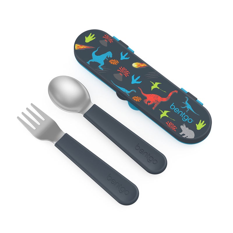 Bentgo Kids Stainless Steel Utensil Set - Reusable Fork, Spoon & Storage Case - High-Grade BPA-Free Stainless Steel, Easy-Grip Handles, Dishwasher Safe for School Lunch, Travel & Outdoors (Dinosaur) - Image 1