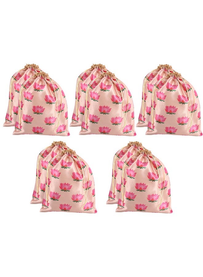 Kuber Industries Kuber Industries Pack Of 10 Polyester Potli Bags|7X9 Inch|Return Gifts|Wedding-Party|Drawstring Closure|Wallet|Baby Shower|Lotus Print|Cream  - Image 1