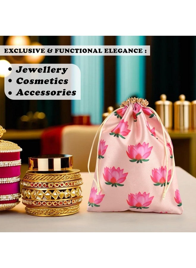Kuber Industries Kuber Industries Pack Of 10 Polyester Potli Bags|7X9 Inch|Return Gifts|Wedding-Party|Drawstring Closure|Wallet|Baby Shower|Lotus Print|Cream  - Image 4