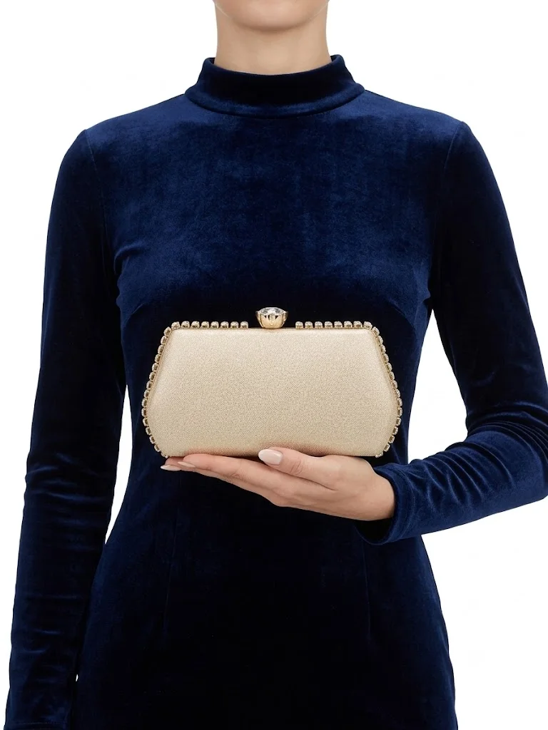 Viny gold Viny Women's Crystal Frame Evening Clutch Bag | Rhinestone Trimmed Hard Shell Party Handbag for Women | Best Price UAE