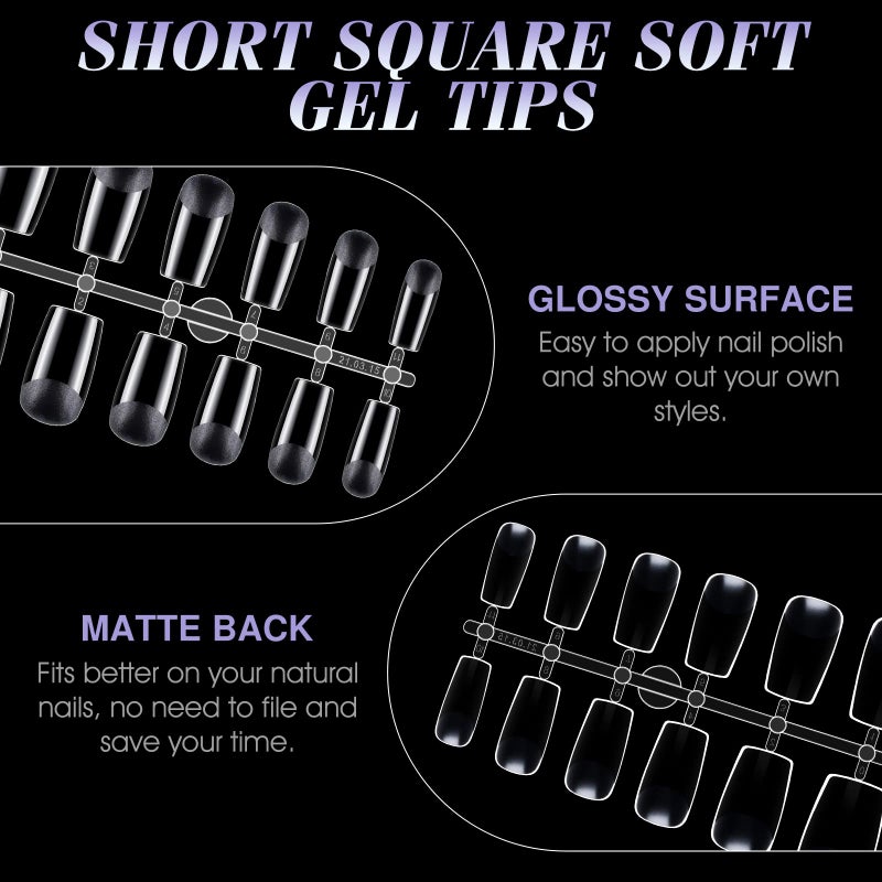 Gelike EC Short Square Nail Tips: Soft Gel False Nail Tips Full Cover for Nail Extensions - Acrylic Nails Professional Clear Gelly Tips False Press on Preshaped PMMA,12 Sizes, SHORT SQUARE 240PCS - Image 5